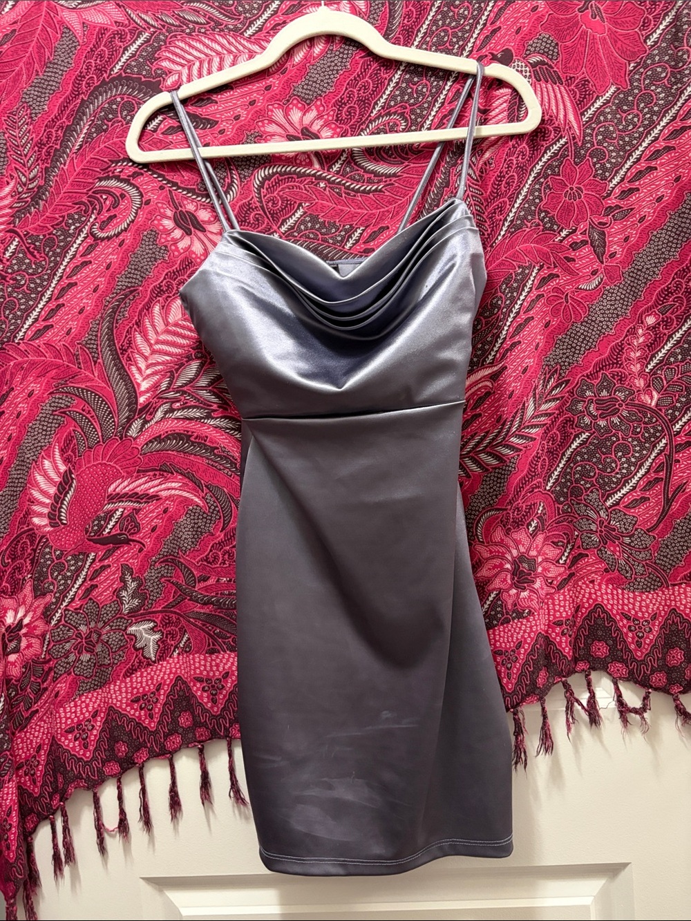 Windsor Silver Satin Cowl Neck Mini Dress